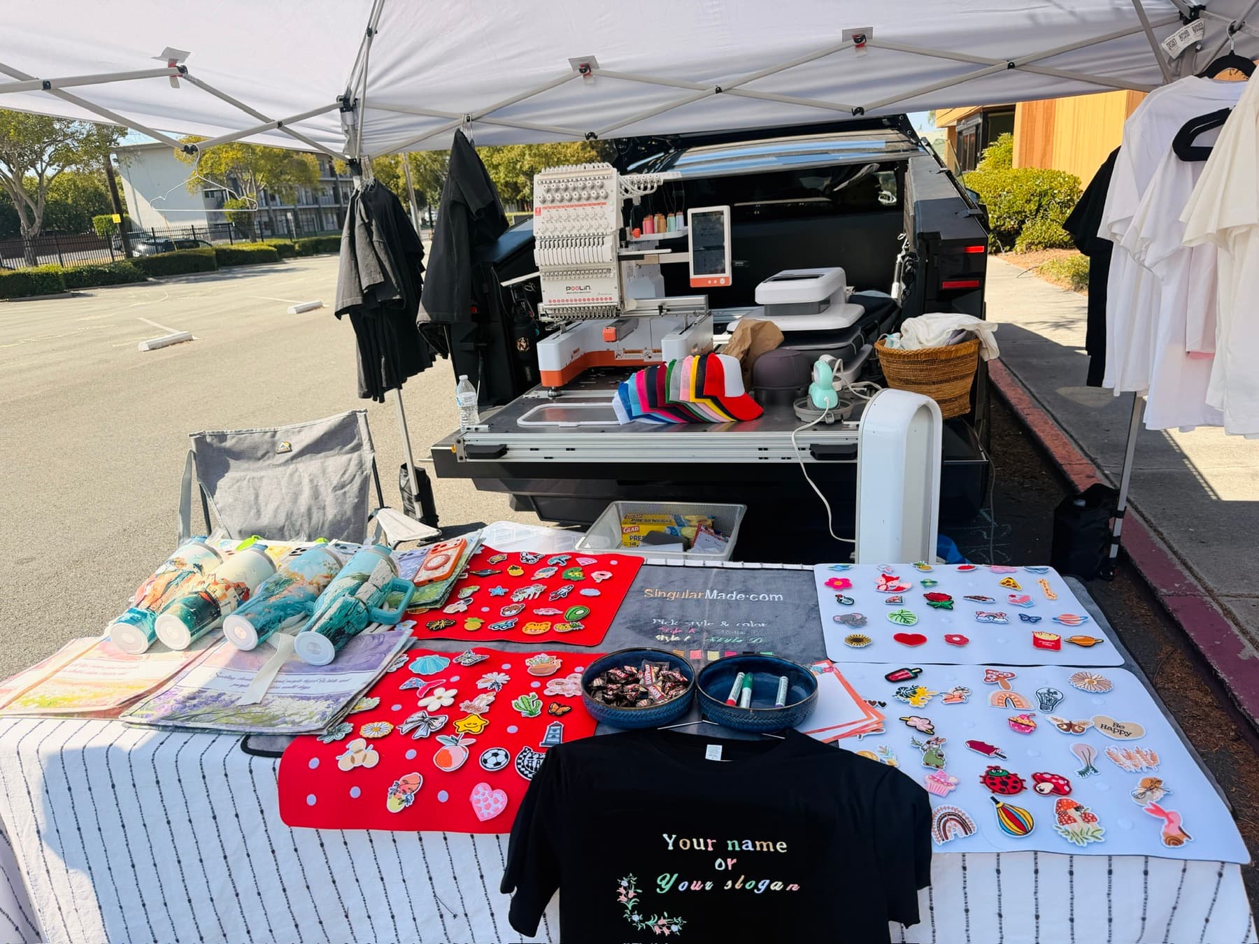 The day’s spread — patches, blanks, and the rig