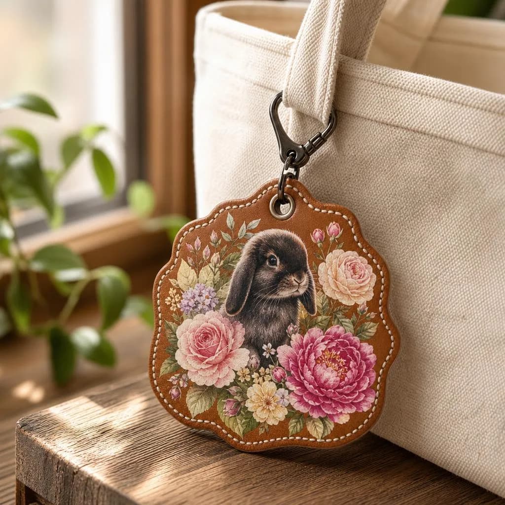 Printed leather tag clipped to a canvas tote strap