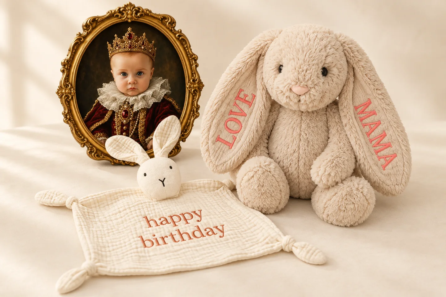 Happy birthday lovey, large bunny with LOVE and MAMA ears, and framed royal baby portrait