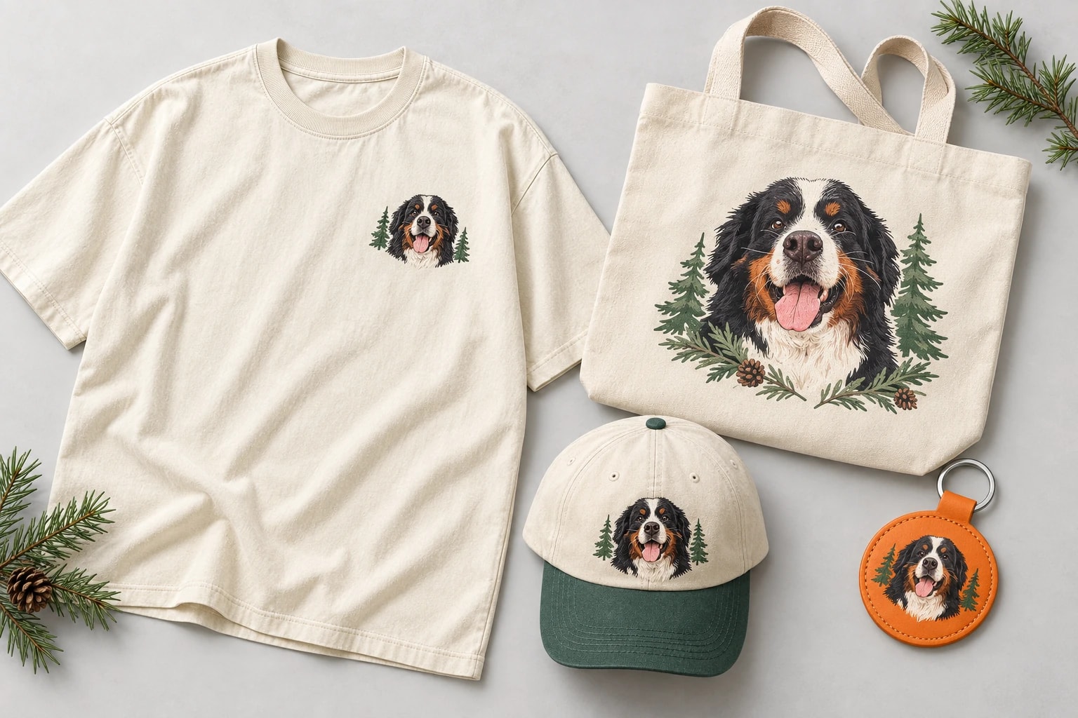 Coordinated outdoor shirt, tote, cap and leather tag concept