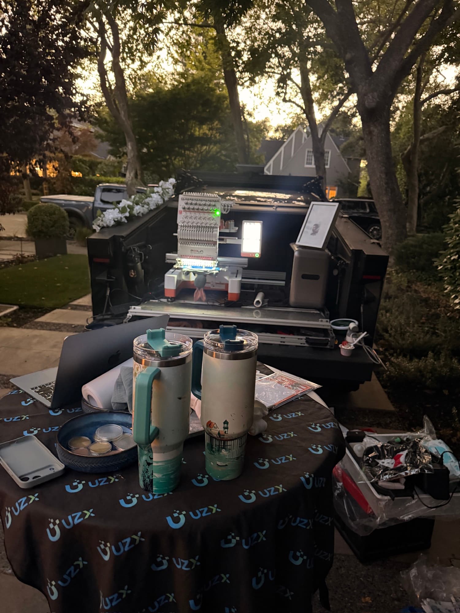 Set up at dusk, running off the truck