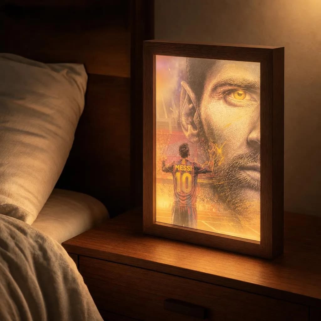 Lightbox frame glowing on a bedside table at night
